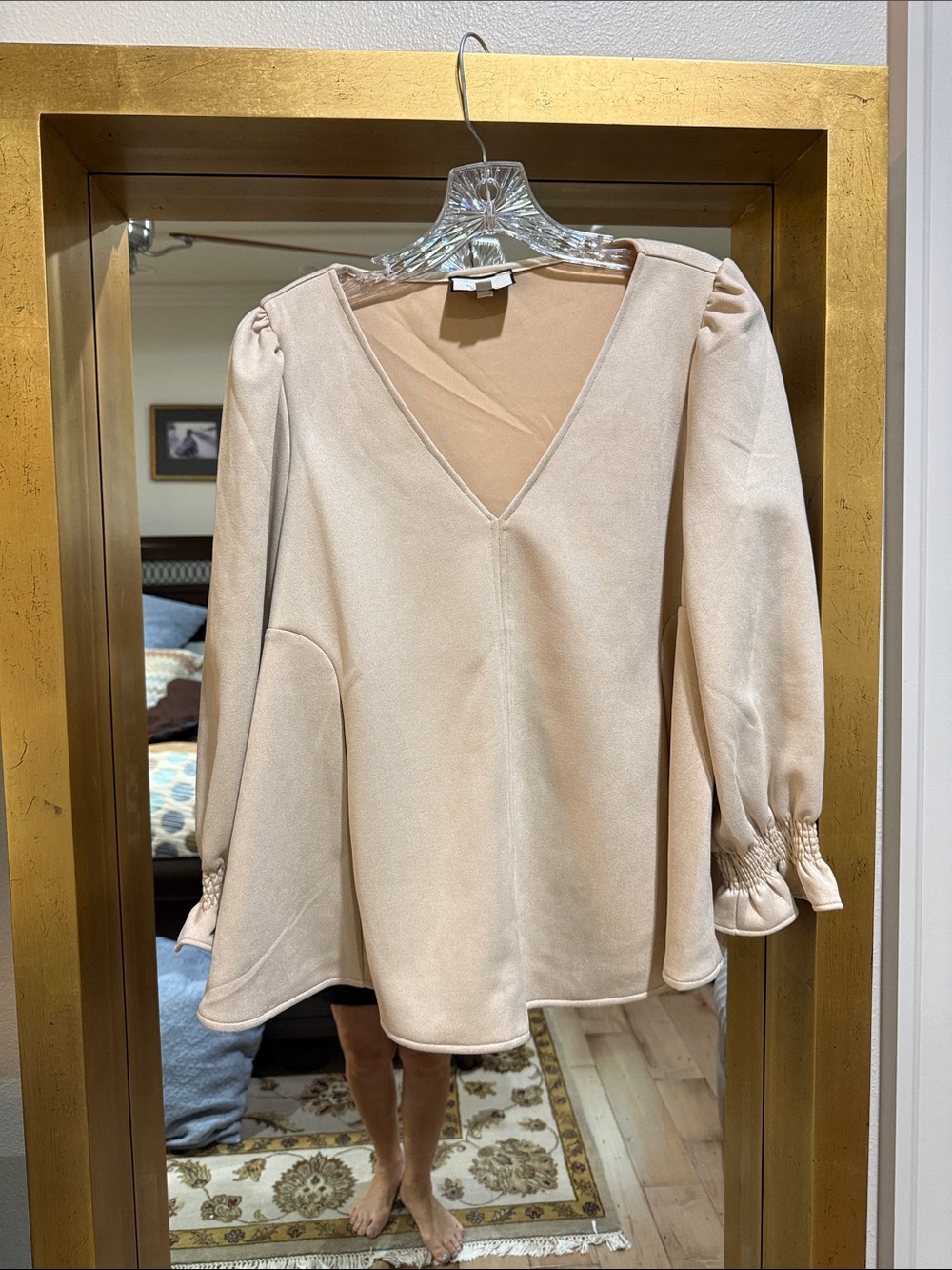 Tuckernuck Beige faux suede V-Neck Smocked Cuff